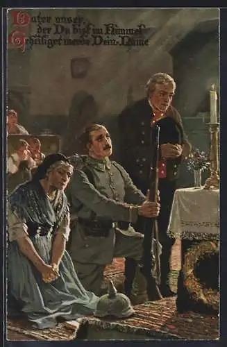 AK Serie Das Vaterunser, Bild Nr. 1, Abschied von der Heimatscholle, Soldat zieht in den Krieg