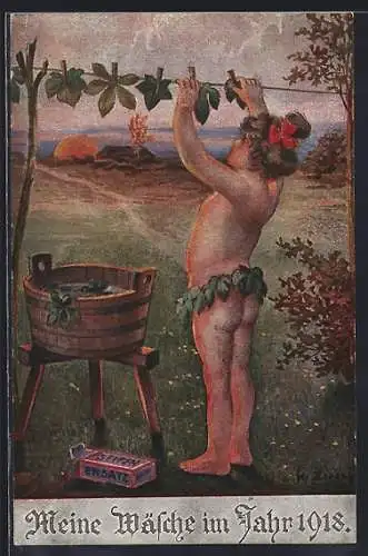 Künstler-AK Meine Wäsche im Jahr 1918, Nacktes Kind hängt Laub zum Trocknen auf