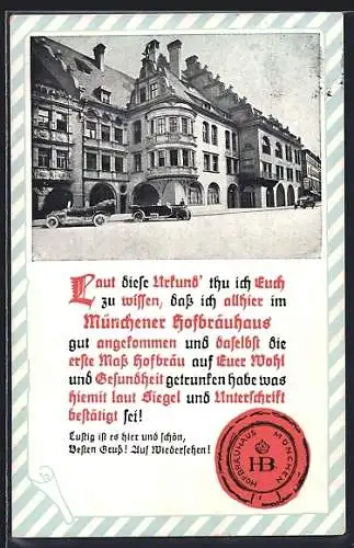 AK München, Münchner Hofbräuhaus, Urkunde des Wohltrinkens