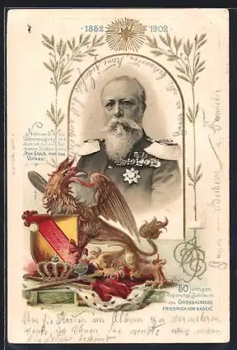 Lithographie Grossherzog Friedrich von Baden, 50jähriges Regierungs-Jubiläum, 1902