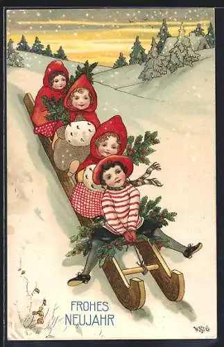 Künstler-AK Kinder fahren auf einem Schlitten einen Berg herunter, Frohes Neujahr