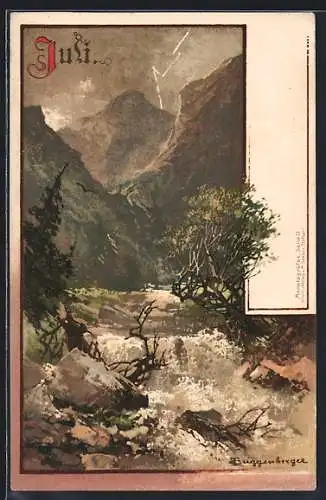 Künstler-AK T.Guggenberger: Allegorie, Wasserfall in den Bergen im Monat Juli