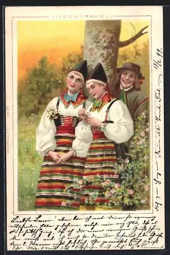 Künstler-AK Liebesorakel, junge Schwedinnen in Tracht werden beobachtet
