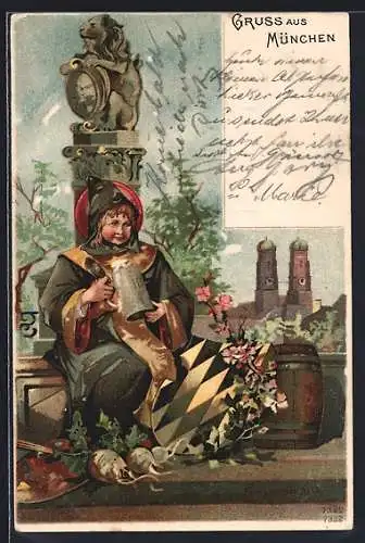 Künstler-AK T.Guggenberger: München, Münchner Kindl mit Maas Bierkrug in der Hand