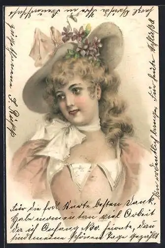 AK Schönes Fräulein mit Hut im prachtvollen Kleid, Jugendstil