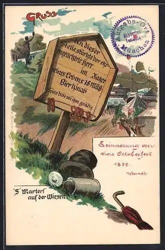 AK Oktoberfest, Schild mit Bestätigung des Trinkens von 15 Mass Bier, Festzelte im Hintergrund