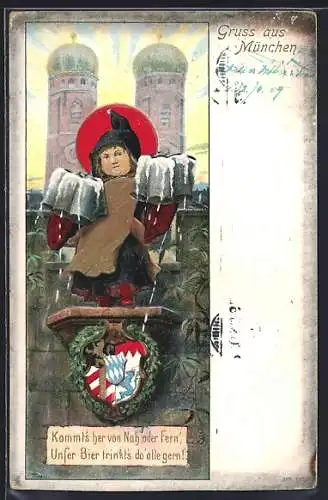 Lithographie München, Münchner Kindl mit Bierkrug vor den Türmen der Frauenkirche
