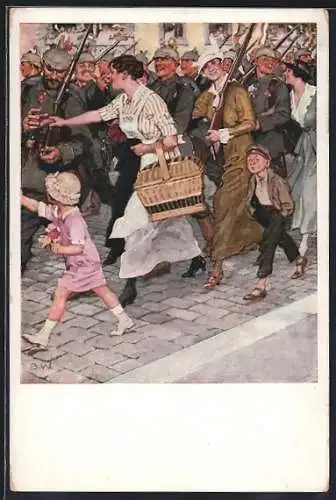 Künstler-AK Brynolf Wennerberg: Soldaten beim Ausmarsch erhalten Geschenke von Frauen und Kindern