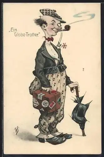 Künstler-AK Willi Scheuermann: Mann mit Pfeife, Koffer mit Stickern und zerschlissenen Kleidern, Ein Globe-Trotter