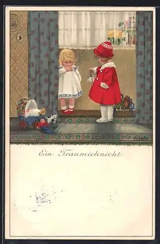 Künstler-AK Pauli Ebner: Mädchen im roten Mantel will mit ihrer Schüchternen Schwester spielen