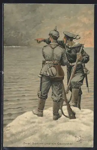 Künstler-AK A. Thiele: Zwei Seelen und ein Gedanke, Soldat redet mit Matrosen