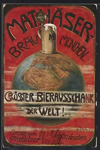 Künstler-AK München, Gasthaus Mathäser-Bräu, Bierkrug auf dem Globus