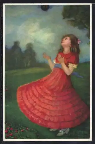 Künstler-AK C. Sporleder: Das Ballspiel, Mädchen im roten Kleid