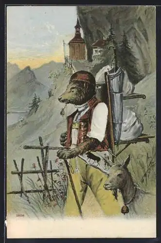 AK Vermenschlichter Hund führt eine Ziege über den Bergpfad