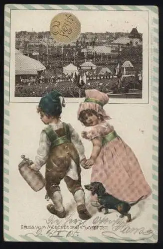 AK München, Oktoberfest - Festgelände und kleines bayrisches Paar mit Dackel
