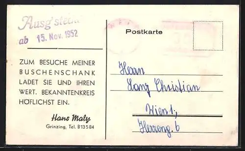 AK Grinzing, Gasthaus Aus`gsteckt v. Hans Maly, Sandgasse 8