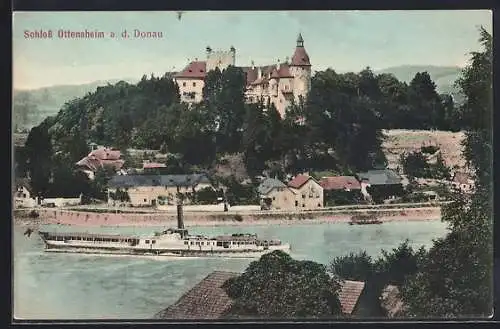 AK Ottensheim a. d. Donau, Ortsansicht mit dem Schloss, Salondampfer Marie-Valerie davor