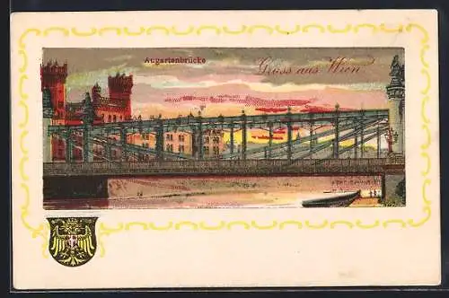 Lithographie Wien, Augartenbrücke im Abendlicht