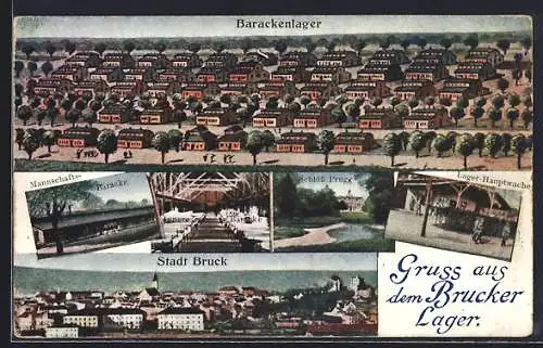 AK Brucker Lager, Barackenlager aus der Vogelschau, Schloss Prugg