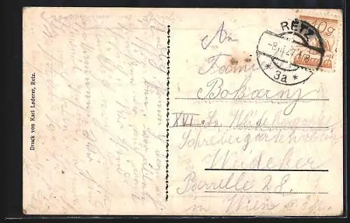 Künstler-AK Retz, Ortsansicht aus Sicht eines Betrunkenen