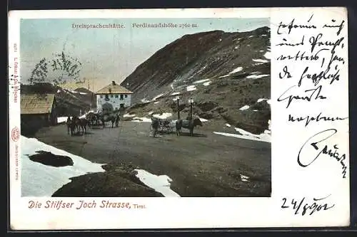 AK Stilfser Joch /Tirol, Ferdinandshöhe, Stilfser Joch Strasse mit Dreisprachenhütte