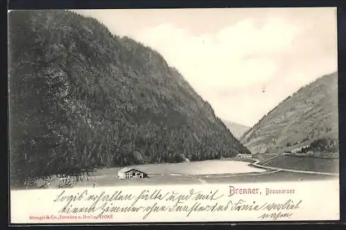 AK Brenner, Brennersee mit Gebäude und Bergen aus der Vogelschau