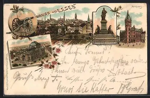 Lithographie Essen / Ruhr, Theater, Krupp-Denkmal, Rathaus, Ortsansicht
