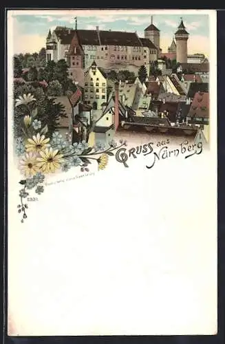 Lithographie Nürnberg, Teilansicht mit Schloss