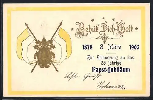 Präge-AK Papst Leo XII, 25. Papst-Jubiläum am 3. März 1903, Porträt, Fahnen und Wappen