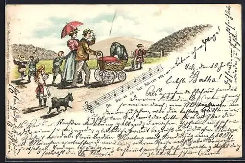 Lithographie Familie mit Kindern, Kinderwagen und Hund