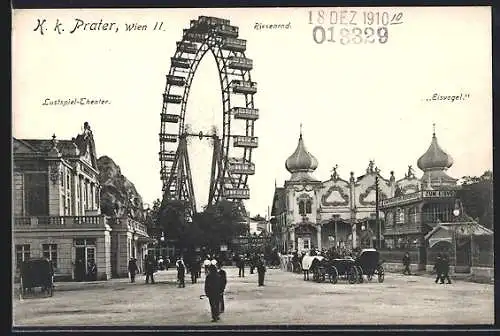 AK Wien, K. k. Prater mit Riesenrad, Lustpiel-Theater und Restaurant Eisvogel