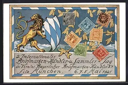 AK München, 2. Internationaler Briefmarken-Händler- u. Sammler-Tag 1921, bayerischer Löwe mit bayerischen Briefmarken