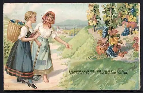 Künstler-AK Zwei Frauen bei Weinreben, Reklame für Ammoniak Dünger