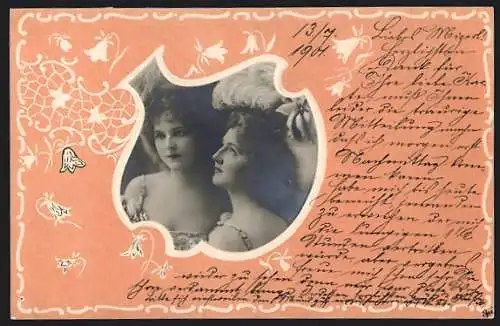 Foto-Collage-AK Zwei junge Damen im floralen Passepartout