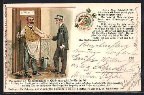 Lithographie Zwei Männer unterhalten sich über einen früheren Chef, Deutschnationaler Handlungsgehilfen-Verband