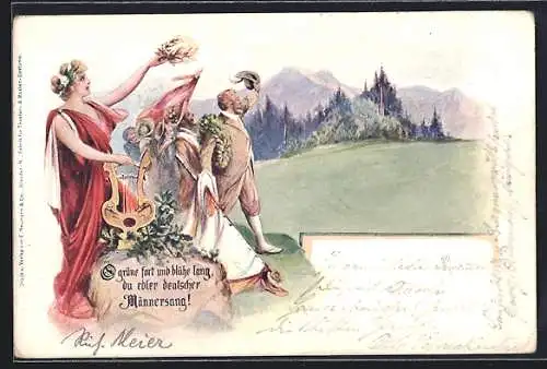 Künstler-AK Germania mit Harfe Gesangsvereinsmitglieder feiern den deutschen Männersang