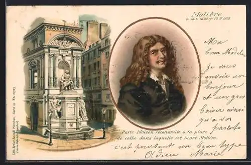Lithographie Paris, Molière, Maison réconstruite à la place de celle dans laquelle est mort Molière