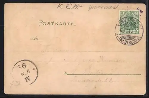 Lithographie Berlin-Grunewald, Restaurant Hermann Otto, Strassenpartie und Innenansicht