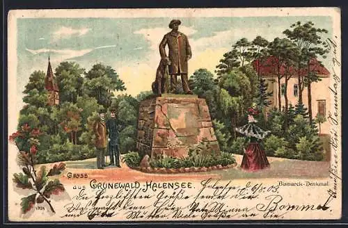 Lithographie Berlin-Halensee, Grunewald, Bismarck-Denkmal mit Besuchern, Turm u. Haus