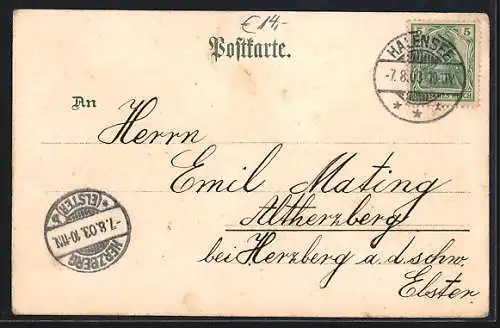 Lithographie Berlin-Halensee, Grunewald, Bismarck-Denkmal mit Besuchern, Turm u. Haus