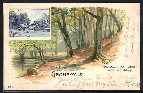 Lithographie Berlin-Grunewald, Gasthaus Schildhorn H. Ritzhaupt mit Strasse, Grunewald-Partie mit Gewässer