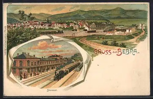 Lithographie Bebra, Bahnhof mit Gleisen, Ortsansicht mit Bahnhof