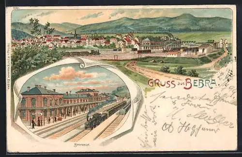 Lithographie Bebra, Bahnhof mit Gleisen, Ortsansicht mit Bahnhof