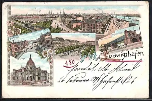 Lithographie Ludwigshafen / Rhein, Bahnhof, Post, Markt, Rheinbrücke, Ortspanorama mit Hafen, Strassen u. Bahn