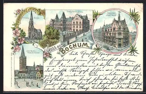 Lithographie Bochum, Waaren-Haus Josef Wolff, Evang. Vereins-Haus, Alter Markt