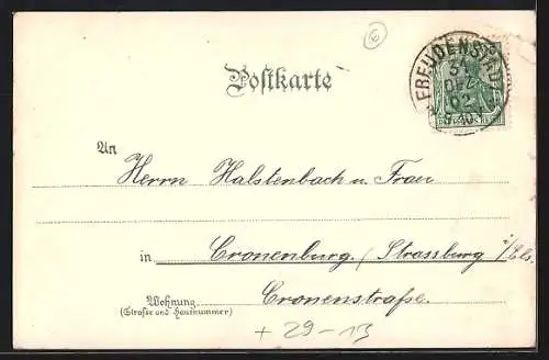 Winter-Lithographie Freudenstadt, Ortspanorama bei Vollmond, Neujahrsgruss