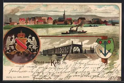 Lithographie Kehl, Rheinbrücke mit Totalansicht & Wappen