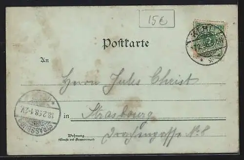 Mondschein-Lithographie Kehl, Eisenbahnbrücke, Grossherzog Friedrich-Kaserne, Strassenpartie mit Bahn