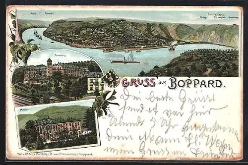 Lithographie Boppard, Marienberg, Mühlbad, Hafen