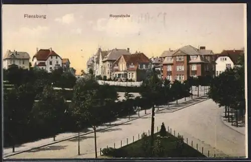 AK Flensburg, Roonstrasse mit Anlagen, Häuserpanorama u. Gabelung aus der Vogelschau